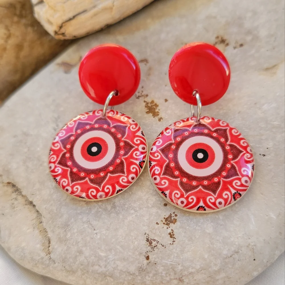 Mandala Red Acrylic Earrings - Picture 2 of 4